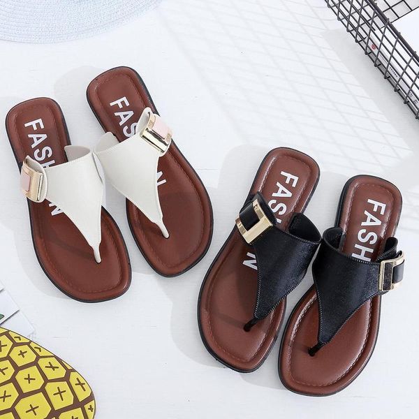 

2020 summer new women's slippers pu home casual flat flip-flops beach slippers female slipper sandals shoes 36-411, Black