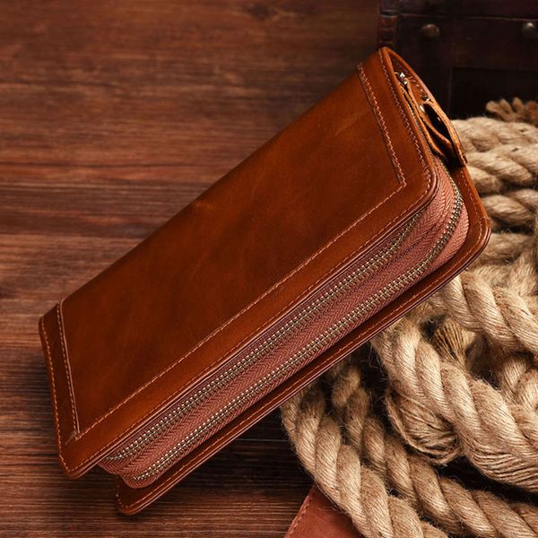 

luxurys designers new hand oil wax men's bag double zipper large capacity wallet