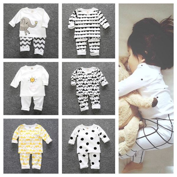 

children autum winter pajamas sets ins kids boy girls toddler homewear two piece clothing cotton sleepwear t-shirt pants outfits g12802, White