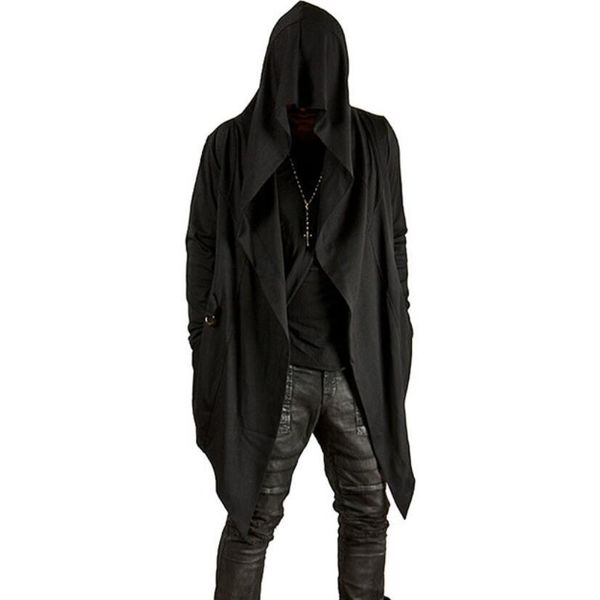 

2021 men spring fall hip hop long irregular hoodie with hood vintage male mantle casual goth cardigan sweater s2nn, Black