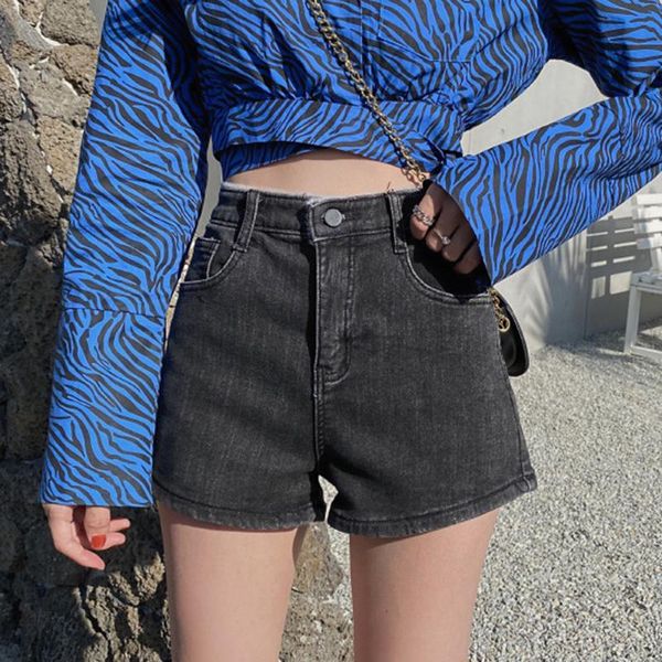 

women's jeans winter and spring clothing plus velvet retro high-waisted slim stretch thin a-line denim shorts simple wild wide-leg, Blue
