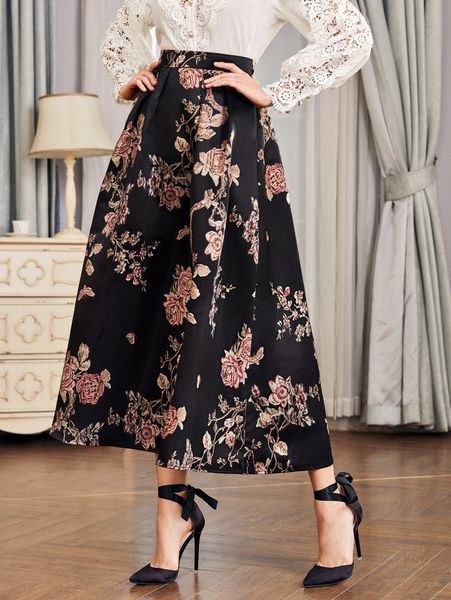 

fold pleated floral skirt o3t7#, Black