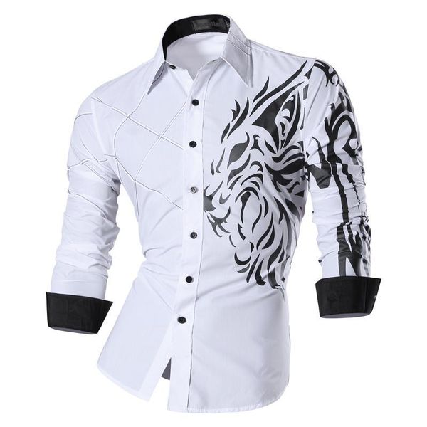 

jeansian men's fashion dress casual shirts button down long sleeve slim fit designer tattoo lion white 2 c1212, White;black