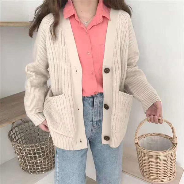 

women versatile sweater coat 2020 autumn and winter long-sleeved solid loose short knitted cardigan simple fashion casual retro1, White