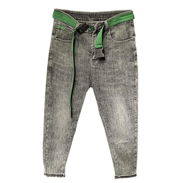 

fashion 2021 teenagers gray slim-fit denim trousers with small feet men's new fashion casual dad all-match ankle length trousers, Blue