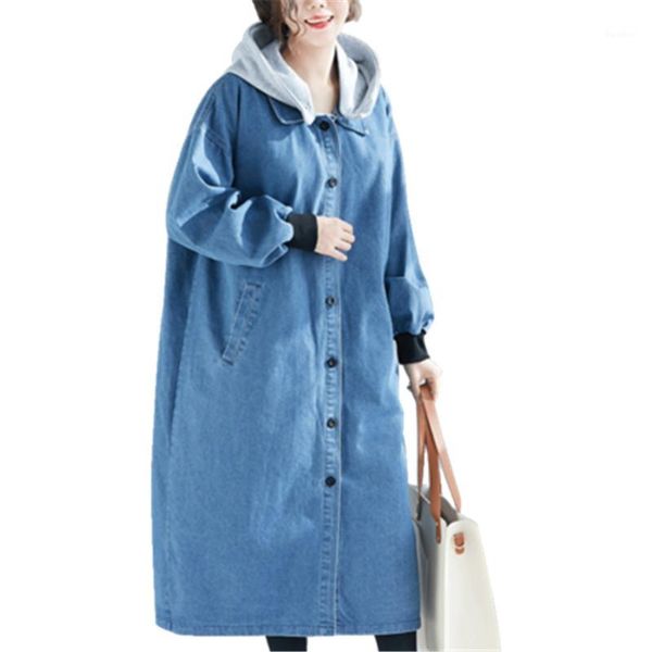 

long section large size denim windbreaker jacket female 2019 spring fashion new loose hooded long sleeve windbreaker coat 5961, Tan;black