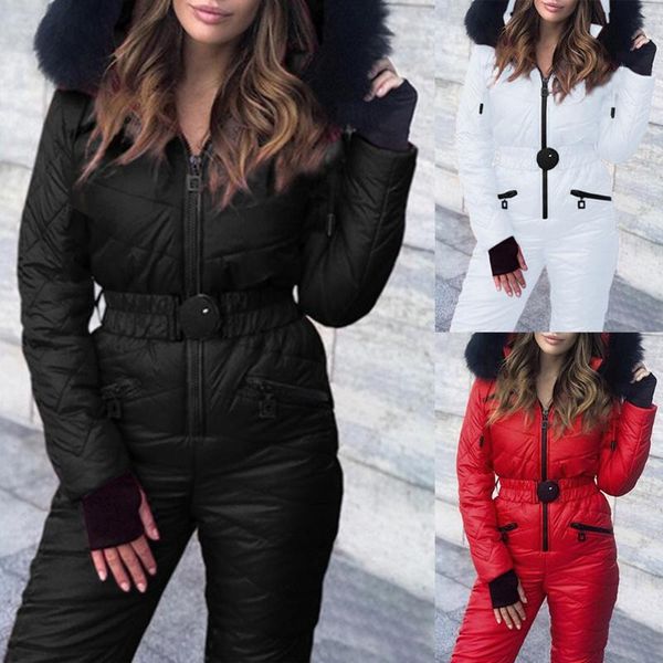

warm winter ladies ski suit jumpsuit romper long sleeve fur hooded ladies bodysuit duck down jumpsuit thick female romper d30, Black;white
