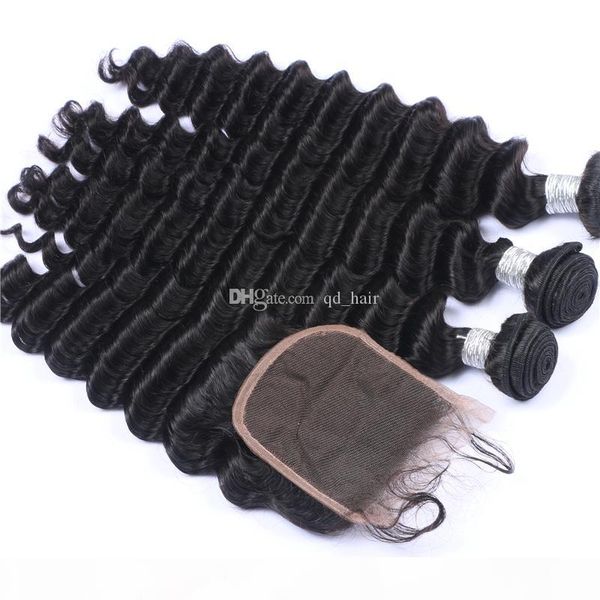 

deep wave human hair 3bundles with lace closure 4pcs lot deep wave curly hair weft with closure 4x4 with baby hair for woman, Black