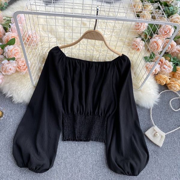 

2021 new singiny off the shoulder feminine blouse slash neck puff elastic ruched autumn thin fashion streetwear short y8oo, White