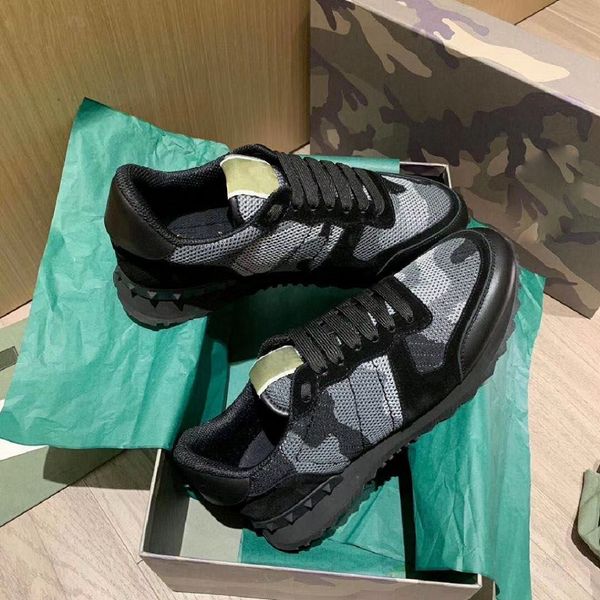 

luxury designer mesh fabric camouflage rockrunner sneaker shoes men casual shoes rock stud trainer party wedding shoes 39-46, Black