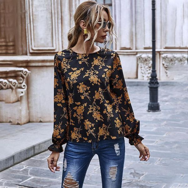 

autumn vintage floral women blouses round neck casual shirt and blouse long lantern sleeve womens blusas mujer1, White