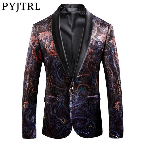 PYJTRL Marke Gentleman Luxus Retro Vintage Schal Revers Samt Druck Blazer Slim Fit Blumenmuster Mantel Männer Casual Anzug Jacke 201027