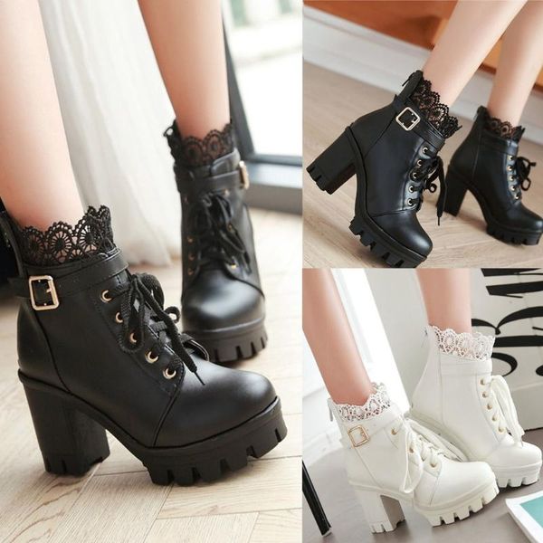 

fashion women's boots thick high heel lace up ankle boots platform lace student female casual pu leather autumn shoes m50#, Black