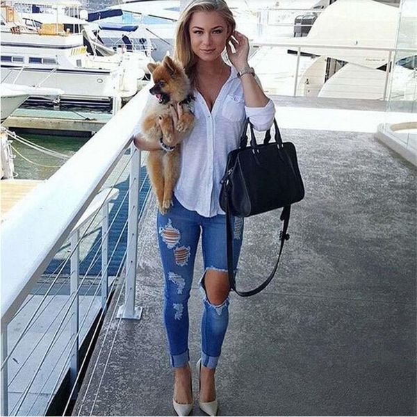 

2019 fashion navy ripped skinny denim jeans summer women casual button new style trousers female plain fashion pants1, Blue