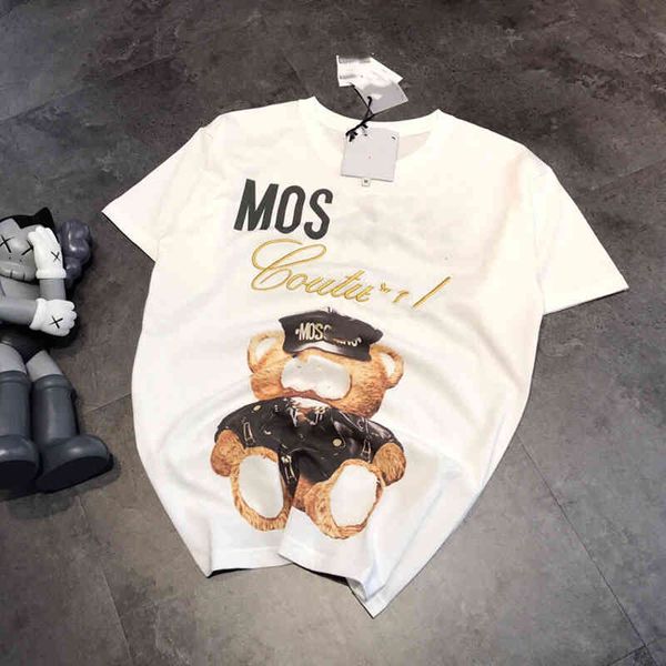 

2022 factory wholesale new mos moss short t-shirt women's summer alphabet cartoon bear print lovers casual half sleeve bottom coat a1, White