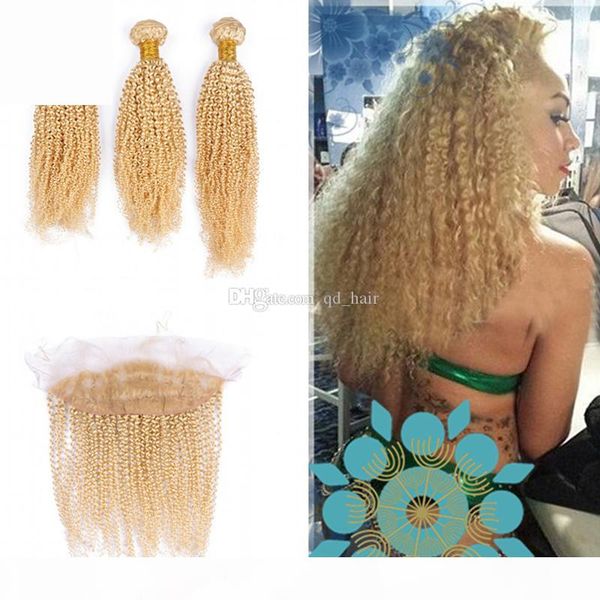 

pure color #613 blonde kinky curly ear to ear full lace frontal closure with malaysian virgin human hair weft, Black