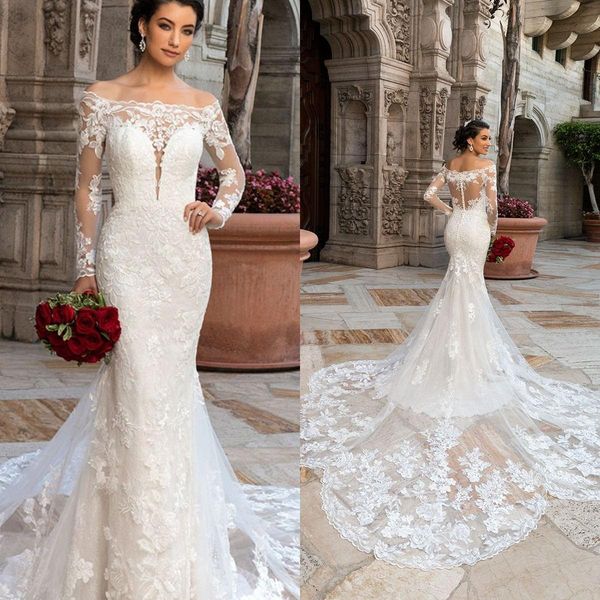 

new kitty chen mermaid wedding dresses off shoulder lace applique bridal gowns illusion back long sleeve wedding dress vestidos de novia, White