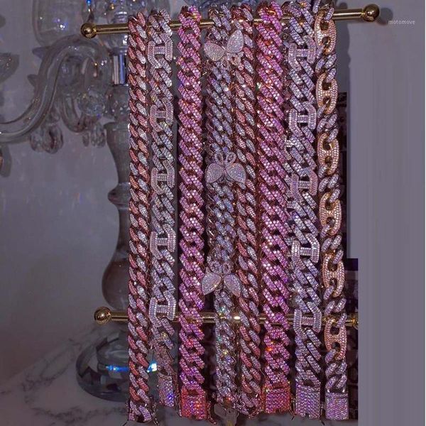 

chokers 2021 iced out 5 colors big heavy 15mm width micro pave cz hip hop bling pinky women chain necklace 16" 18'' pink cuba, Golden;silver