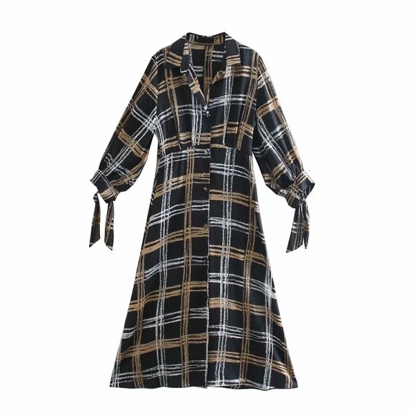 

new 2021 black plaid shirt long women autumn bow tied puff sleeve midi dress woman vintage button casual dresses 457u, Black;gray