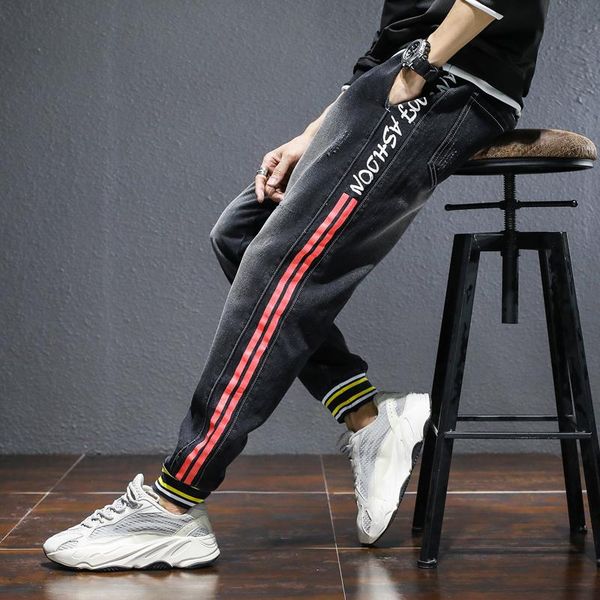 

plus size 4xl 5xl jeans for men 2020 new youthful vitality letter embroidery loose jeans men black, Blue