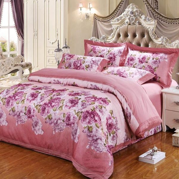 

50 flowers rose pink leaves jacquard silk cotton bedlinens  king size duvet cover set bedsheet pillowcases