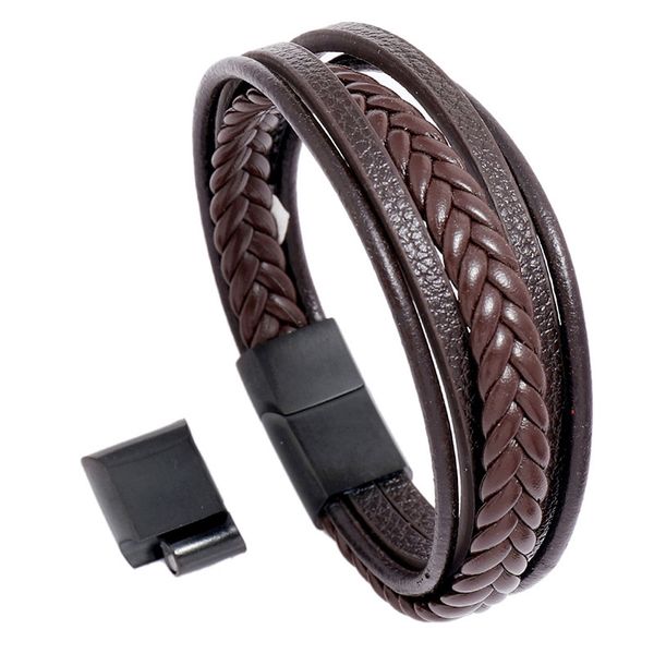 

jewelry stainless steel magnet buckle men's leather bracelet creative multilayer simple woven leather bracelet, Silver