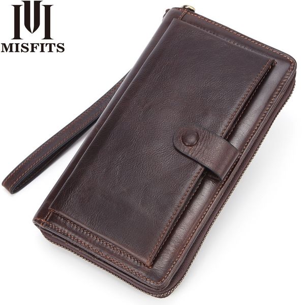 

misfits male genuine leather long wallet brand cowskin card holder purse men's hasp vintage clutch bag handmade c1115, Red;black