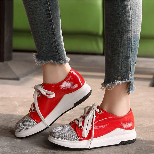 

boots casual sneakers women lace up patent leather wedges platform ankle low punk rhinestones oxfords tennis shoes creepers, Black