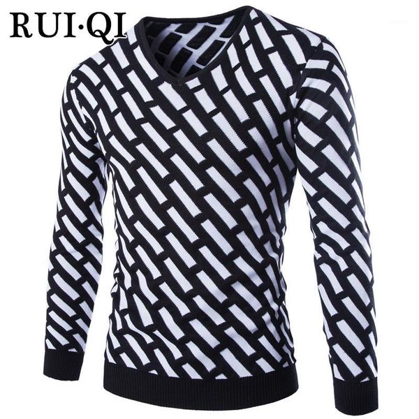 

rui qi 2018 fashion man's sweater patchwork pullovers thick sweater v collar slim patchwork knitting clothes jj-y2421, White;black