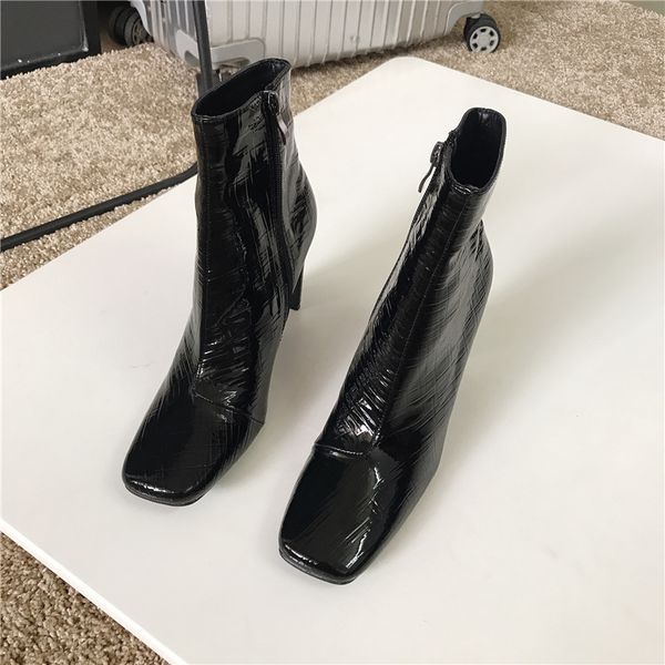 

модные женские ботинки новые поступления квадратных пальцев ног боковая молния ботинки ботильоны martin marts fashion high каблуки осень заг, Black