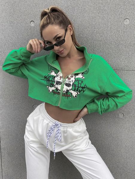 

meysi kim letter & skull graphic zip up crop sweatshirt 78ti#, White;black