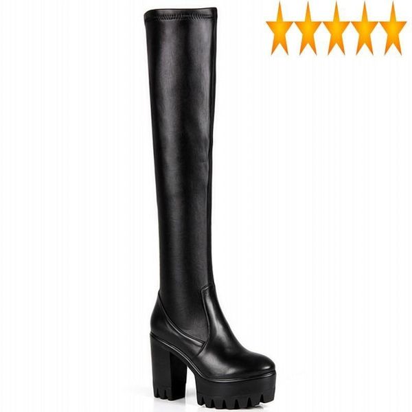 

boots liner stretch high heel fleece womens over the knee genuine leather round toe thick bottom platform female long, Black