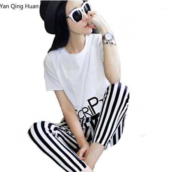 

yan qing huan 2019 summer new women's black and white two-piece letter round neck short-sleeved bow stripe trouser suit1