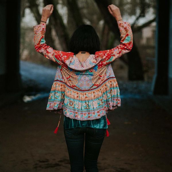 

gypsylady summer 2020 floral print jacket long sleeve boho jacket for women tassels gypsy folk hippie chic female jackets new, Black;brown
