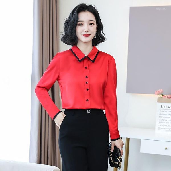 

korean fashion silk women blouses satin solid womens and blouses plus size red long sleeve women office shirts1, White