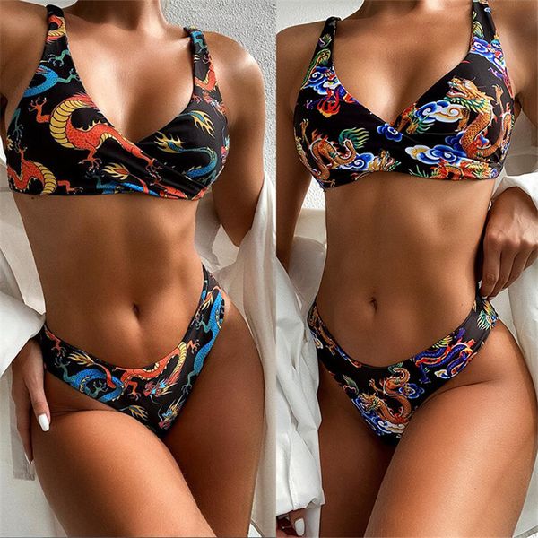 

2021 retro high waist bikini set push up swimwear women's dragon printed bikinis swimsuit summer female beach bathing suits, White;black