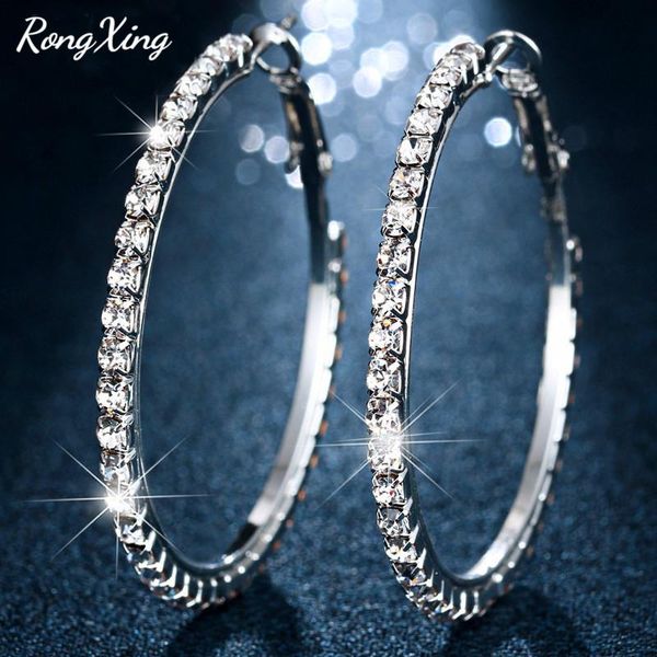 

hoop & huggie rongxing punk style full zircon big circle earrings for women white gold filled small crystal round birthstone, Golden;silver
