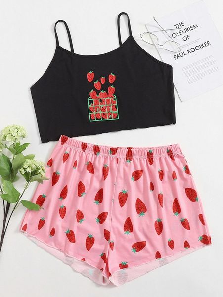 

plus strawberry print cami pajama set m2ep#, Black;white