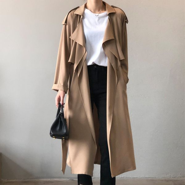 

women's coat new korean loose large size windbreaker with belt fashion all-match cardigan jacket, Tan;black