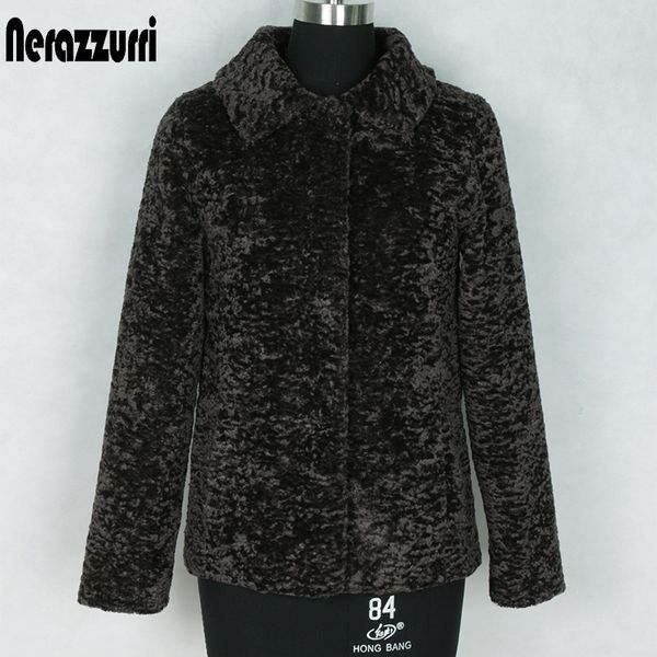 

nerazzurri autumn winter shearling jacket women long sleeve turn-down collar black faux fur coat plus size woman clothes 5xl 6xl 201028