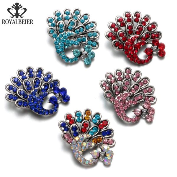 

charm bracelets royalbeier 5pcs/lot multi color rhinestone peacock metal charms 18mm snap button for 20mm bracelet jewelry kz0439, Golden;silver