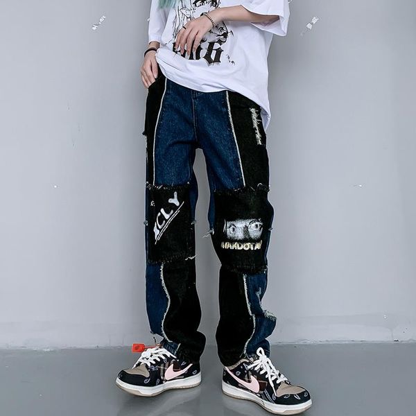 

high street patchwork bagged jeans men designer black blue straight hip hop dance casual jeans for men 2020 wide leg pants