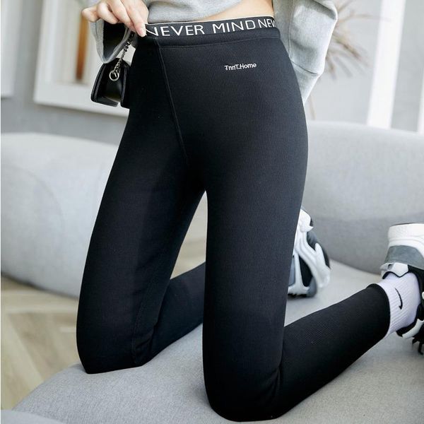 

autumn and winter korean leggings women's outer wear plus velvet thick warm pants letter waist lamb velvet cropped pants, Black