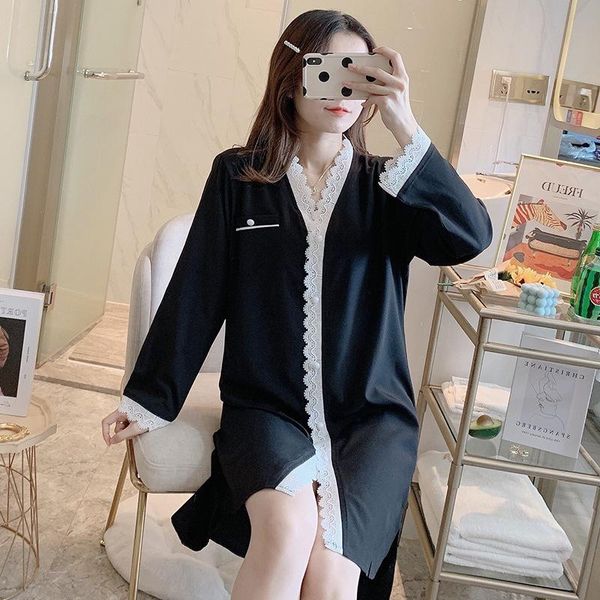 

women's sleepwear yrrfuot korean version of summer ice silk nightdress long-sleeved lace dress women fashion cardigan loose homewear, Black;red