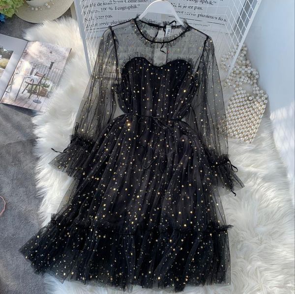 

spring autumn new female o neck stars sequined mesh shiny fairy dress women elegant bling gauze princess puff casual dresses, Black;gray