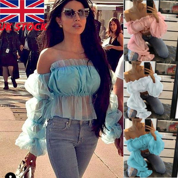 

women autumn long tiered puff sleeve off shoulder ruffles neck mesh sheer see through peplum crop shirt short blouse 1, White