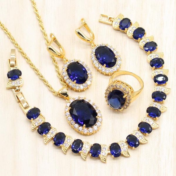 

gold color jewelry sets blue cubic zirconia bracelet earrings pendant chain necklace ring for women, Silver