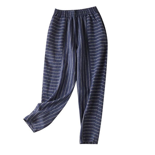 

loose new autumn women 2021 striped elastic linen leggings fashion high waist casual pants 197118 full length, Black;white