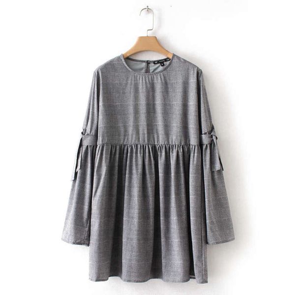 

flared women's spring plaid new grey sleeve crew neck dress doll skirt, Black;gray