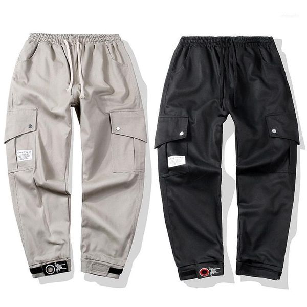 

mutil pocket streetwear pants men summer solid casual cargo pants men loose trousers drawstring long pantalon homme11, Black